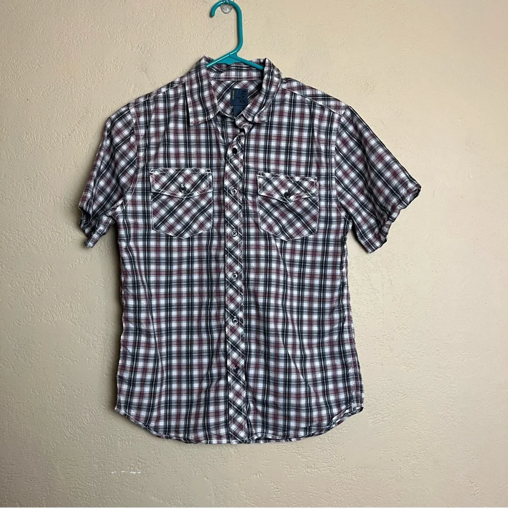 5/$25 Old navy boy short sleeve bottoms down multicolor plaid shirt‎ size XL